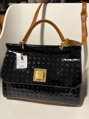 New Arcadia Black Patent Top-Handle Bag with Tan Strap